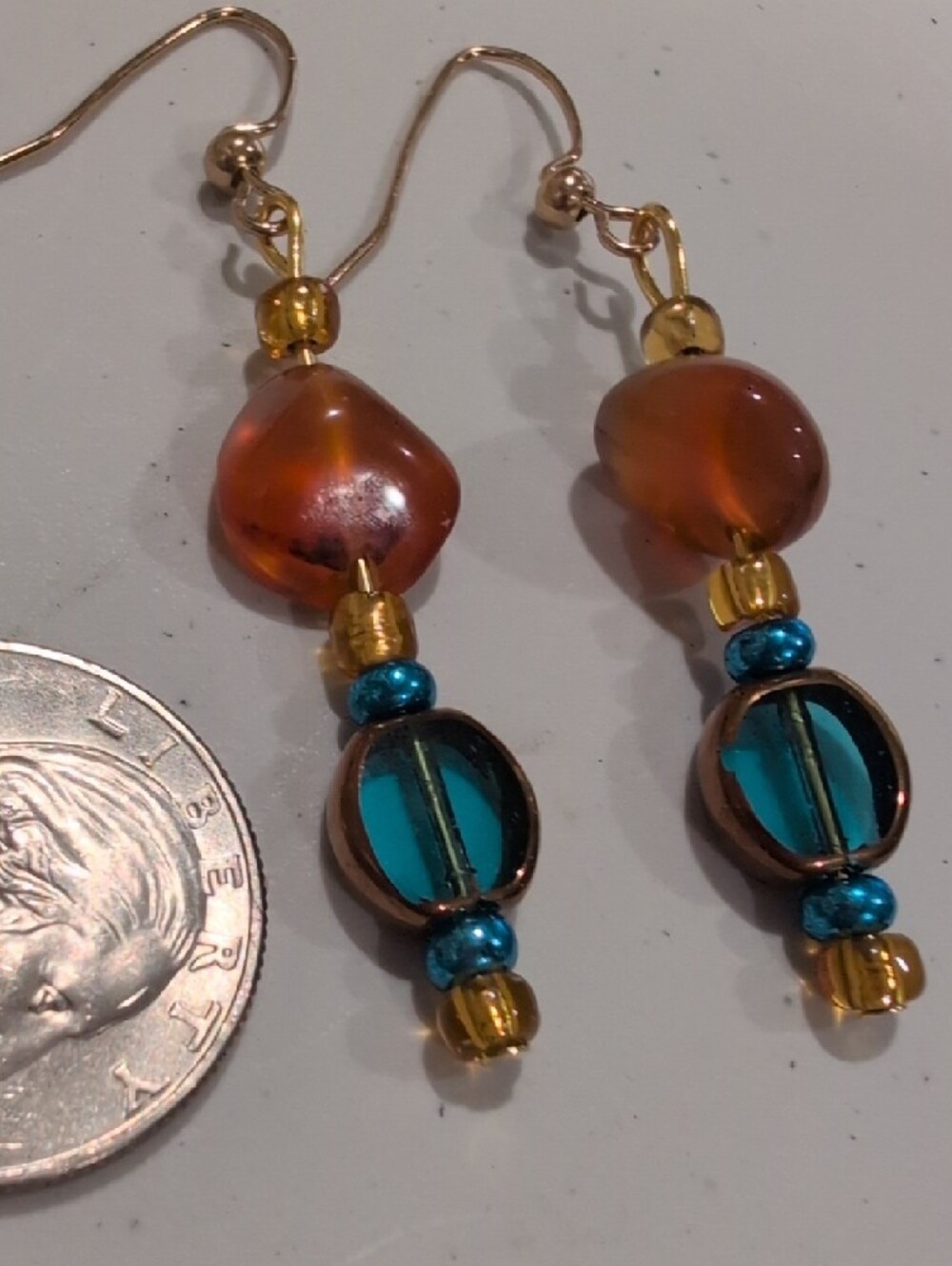 NWOT Handcrafted Amber & Teal Glass Bead Drop Earrings